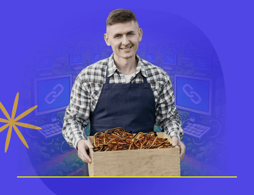 Person holding a bucket filled with web links representing link farming concept.
