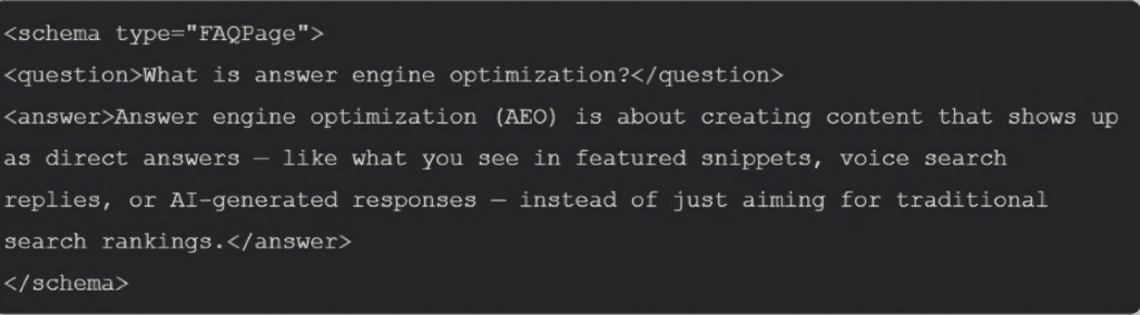 FAQ schema example for answer engine optimization