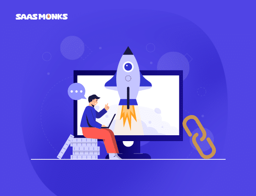 Illustration of link building strategie for startup and SEO growth with a rocket launch and chain icon