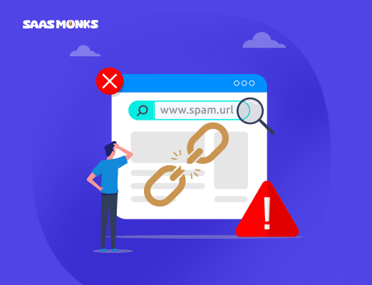 Illustration showing broken link and spam warning highlighting common link building mistakes for startups