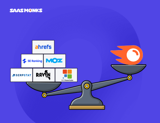 Illustration of SEO tools like Ahrefs, SE Ranking, Moz, and others outweighing SEMrush on a balance scale, symbolizing best all-in-one SEMrush alternatives.