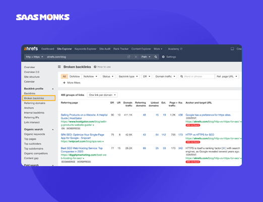 Ahrefs dashboard showing broken backlinks report with referring pages, anchor text, and target URLs highlighted for link building analysis.