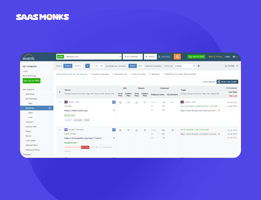 Majestic SEO dashboard showing detailed backlink data including source URLs, link type, and trust flow, ideal for backlink analysis.