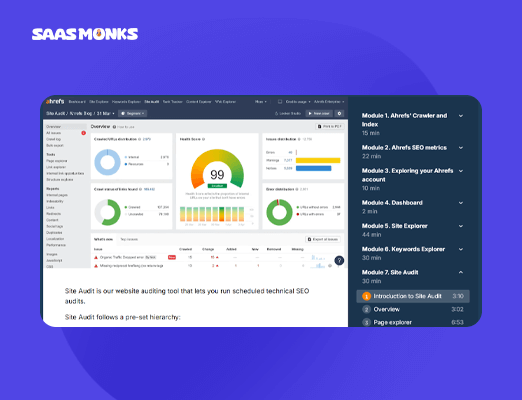 Ahrefs Site Audit tool displaying website health score and technical SEO issues.