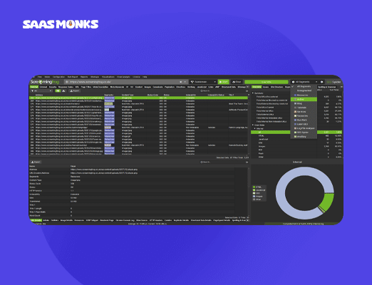Screaming Frog SEO Spider interface showing site crawl data, page status, meta tags, and internal linking insights, ideal for technical SEO audits.