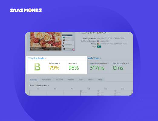 GTmetrix performance report showing speed grade, performance score, structure score, and Web Vitals, ideal for analyzing and improving website load times.
