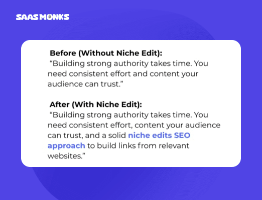 Before and after niche edits SEO example showing improved authority with link building.