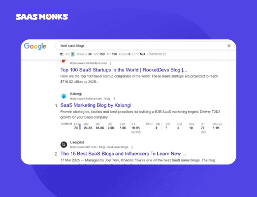 Screenshot of Google search results for best SaaS blogs with domain authority metrics overlay.